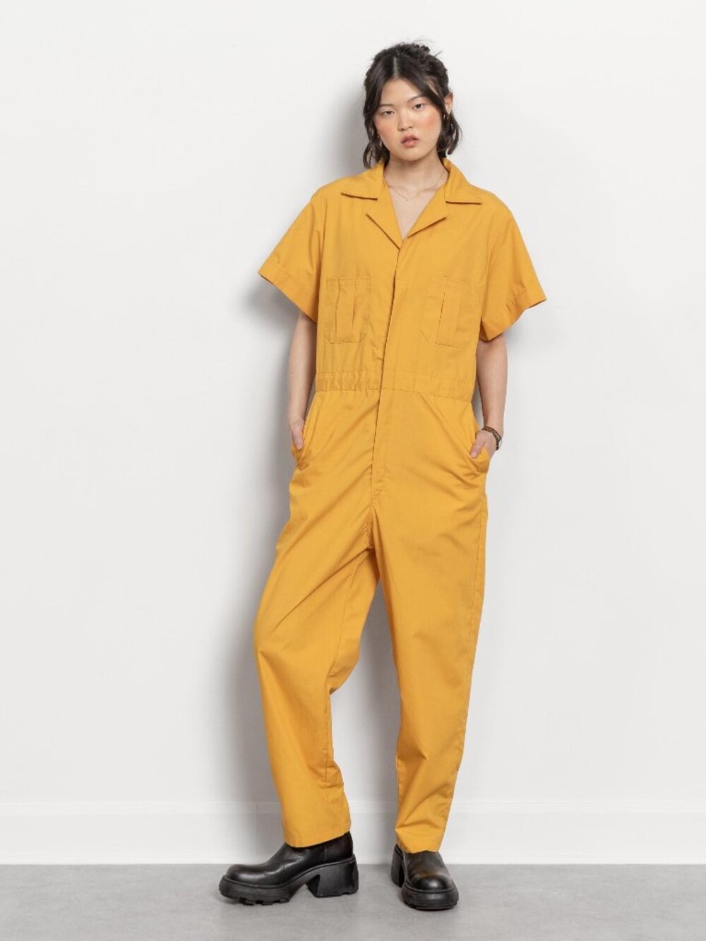 YELLOW PANTSUIT JUMPSUIT Vintage Cotton Romper 90's 80's / Small